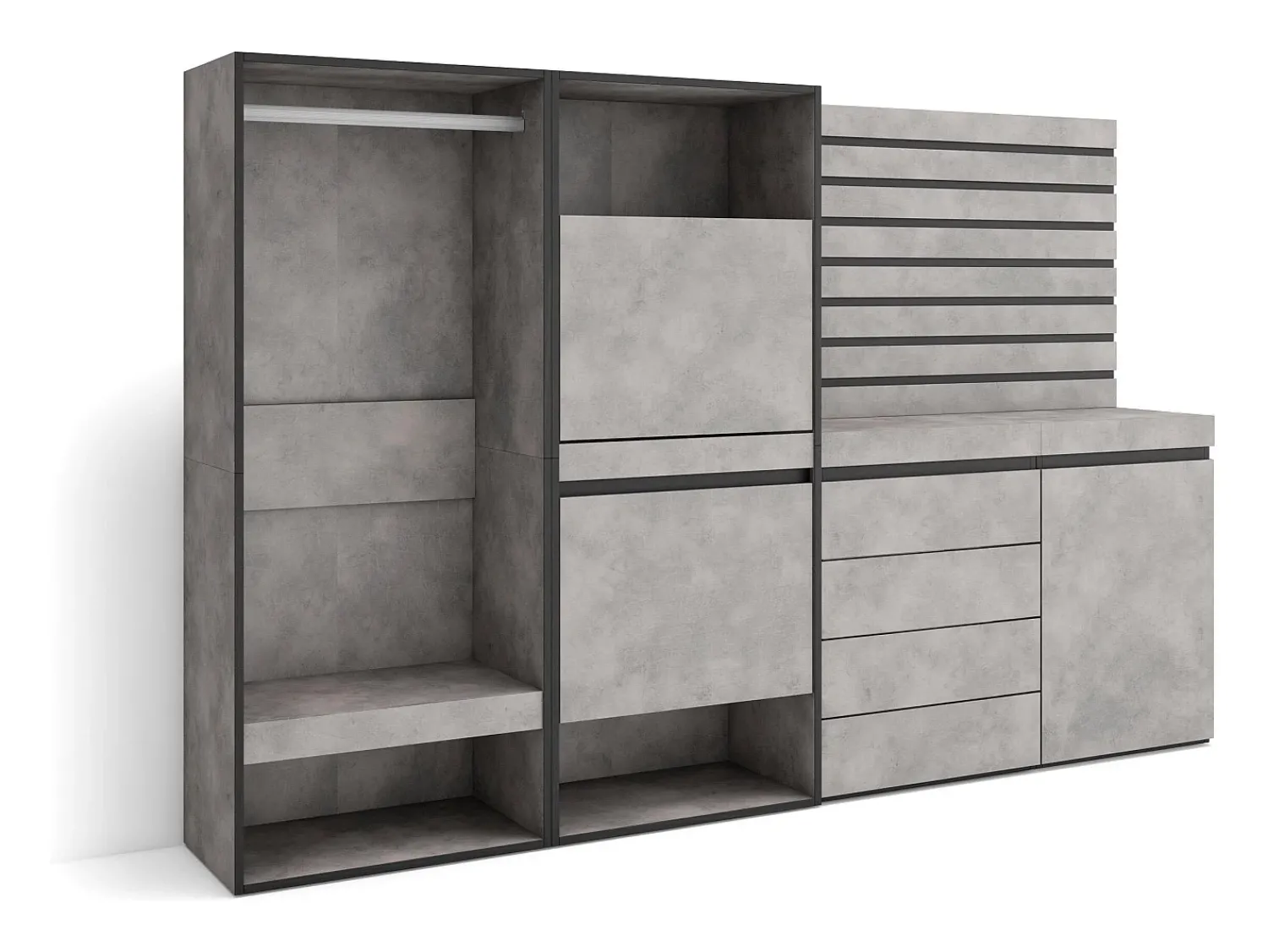 Móvel De Arrumação|Sapateira|Skraut Home Sapateira, 227x35x145cm, Para quarto, dormitório, Roupeiro aberto, Cómoda, Tiras Deco. Madeira, Cimento Cinzento