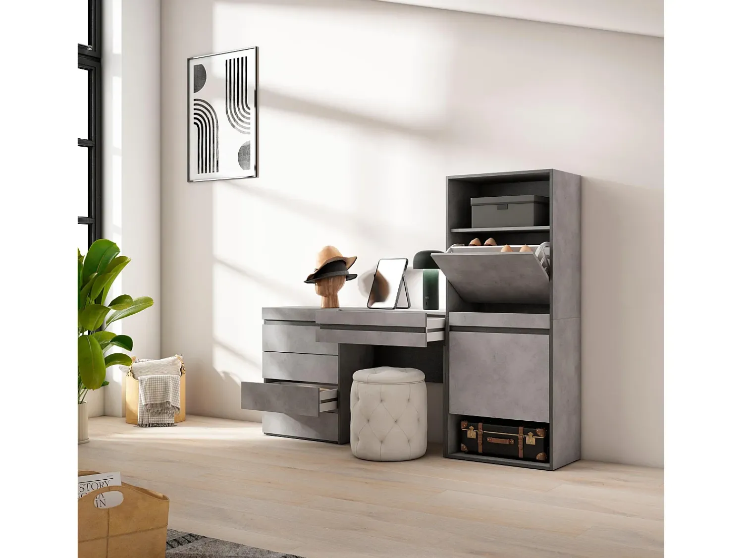 Sale Skraut Home Sapateira, 187x35x145cm, Para quarto, dormitório, Cómoda, Toucador, Cimento Cinzento