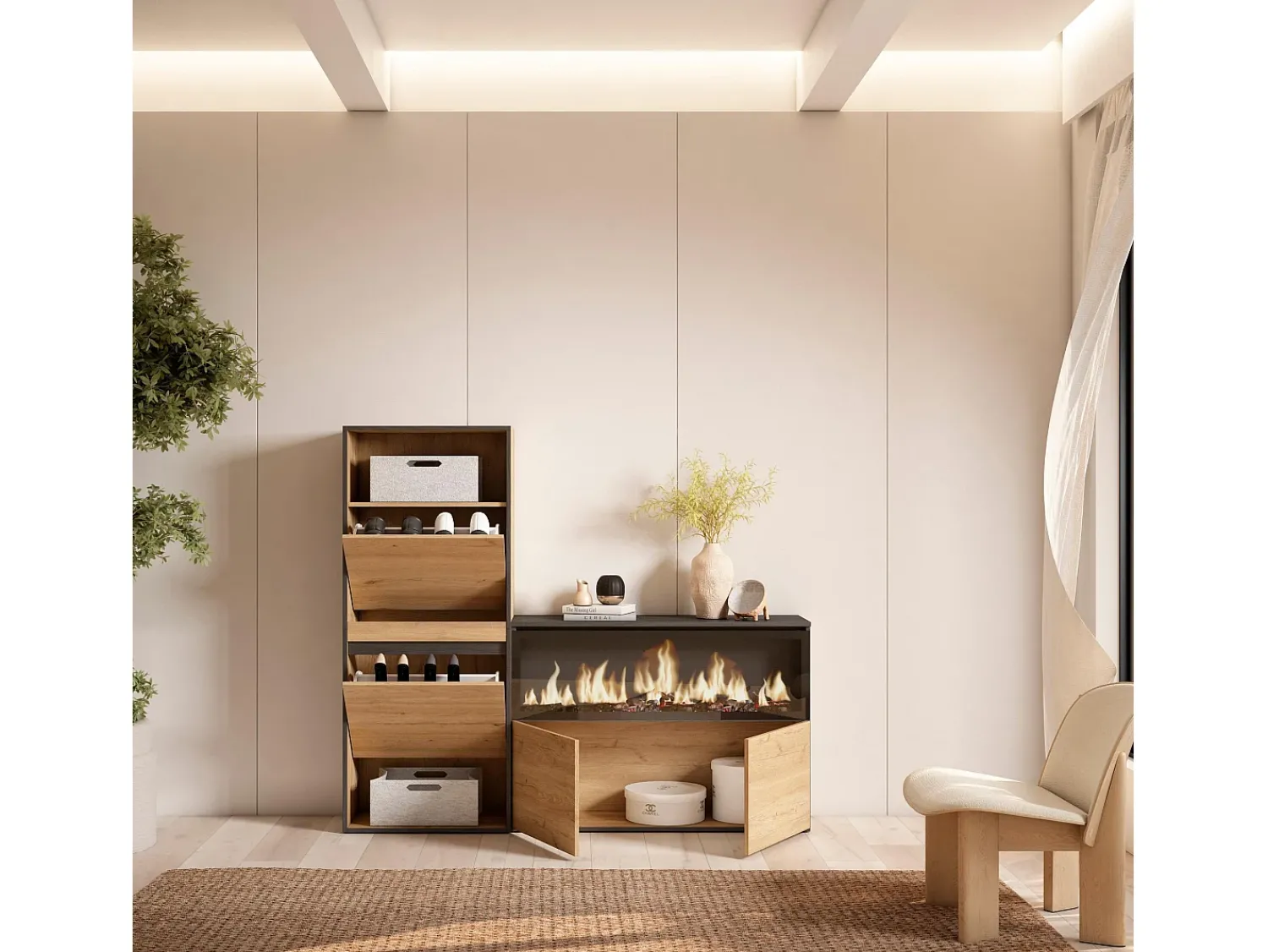 Móvel De Arrumação|Sapateira*Skraut Home Sapateira, 167x35x145cm, Para quarto, dormitório, Lareira eléctrica XXL, Carvalho Natural claro