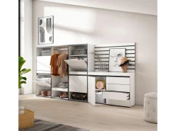Sale Skraut Home Sapateira, 287x35x145cm, Para quarto, dormitório, Roupeiro aberto, Cómoda, Tiras Deco. Madeira, Branco