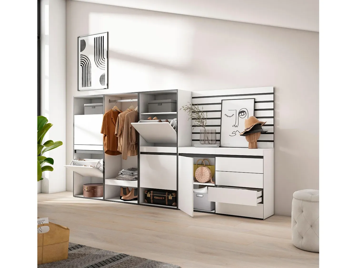 Sale Skraut Home Sapateira, 287x35x145cm, Para quarto, dormitório, Roupeiro aberto, Cómoda, Tiras Deco. Madeira, Branco