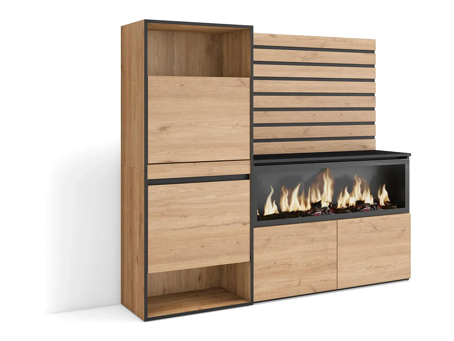 Móvel De Arrumação|Sapateira|Skraut Home Sapateira, 167x35x145cm, Para quarto, dormitório, Lareira eléctrica XXL, Tiras Deco. Madeira, Carvalho Natural claro