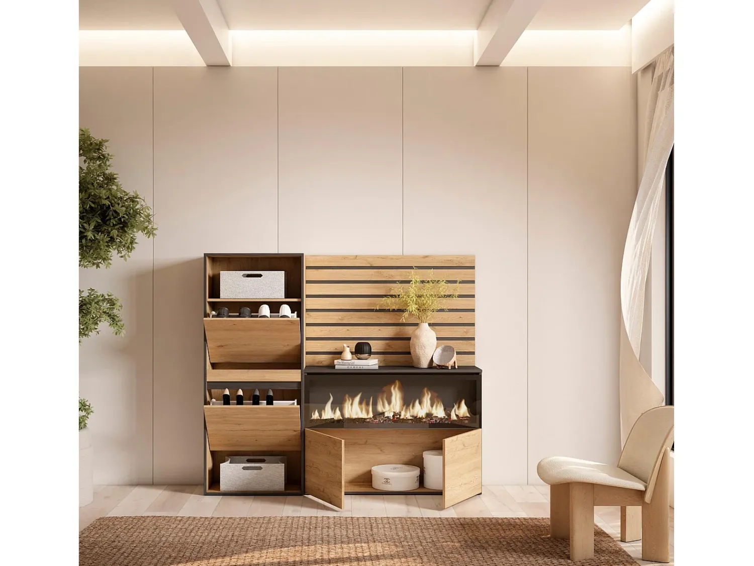 Móvel De Arrumação|Sapateira|Skraut Home Sapateira, 167x35x145cm, Para quarto, dormitório, Lareira eléctrica XXL, Tiras Deco. Madeira, Carvalho Natural claro