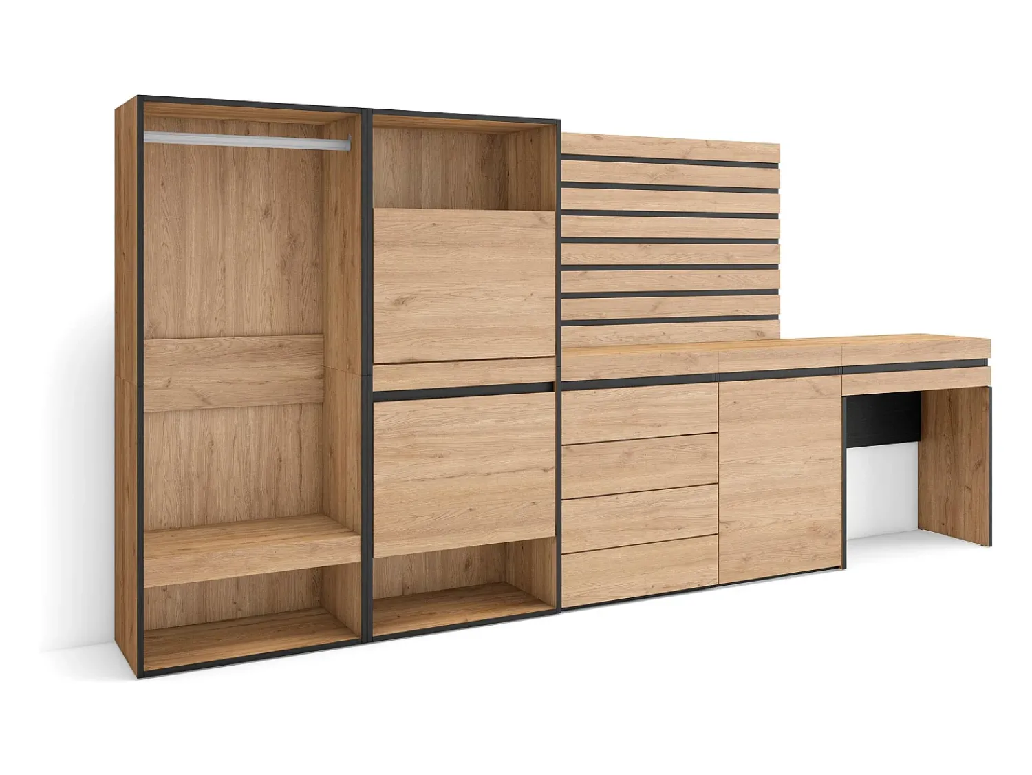 Best Skraut Home Sapateira, 297x35x145cm, Para quarto, dormitório, Roupeiro aberto, Cómoda, Tiras Deco. Madeira, Toucador, Carvalho Natural claro