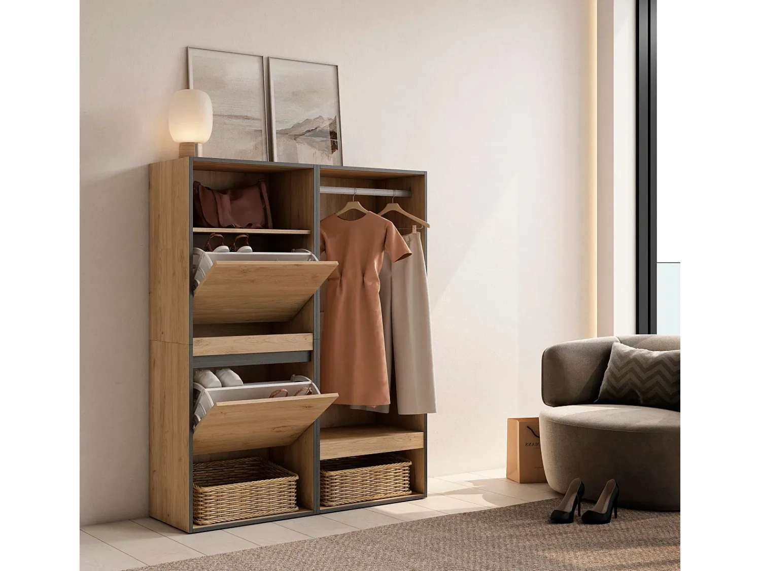 Skraut Home Sapateira, 120x35x145cm, Para quarto, dormitório, Roupeiro aberto, Carvalho^ Móvel De Arrumação|Sapateira