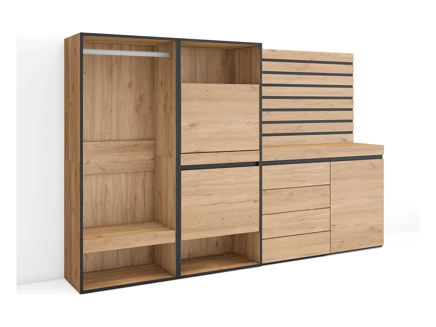Móvel De Arrumação|Sapateira*Skraut Home Sapateira, 227x35x145cm, Para quarto, dormitório, Roupeiro aberto, Cómoda, Tiras Deco. Madeira, Carvalho Natural claro