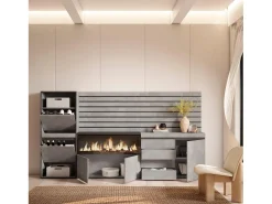 Móvel De Arrumação|Sapateira|Skraut Home Sapateira, 274x35x145cm, Para quarto, dormitório, Lareira eléctrica XXL, Cómoda, Tiras Deco. Madeira, Cimento Cinzento