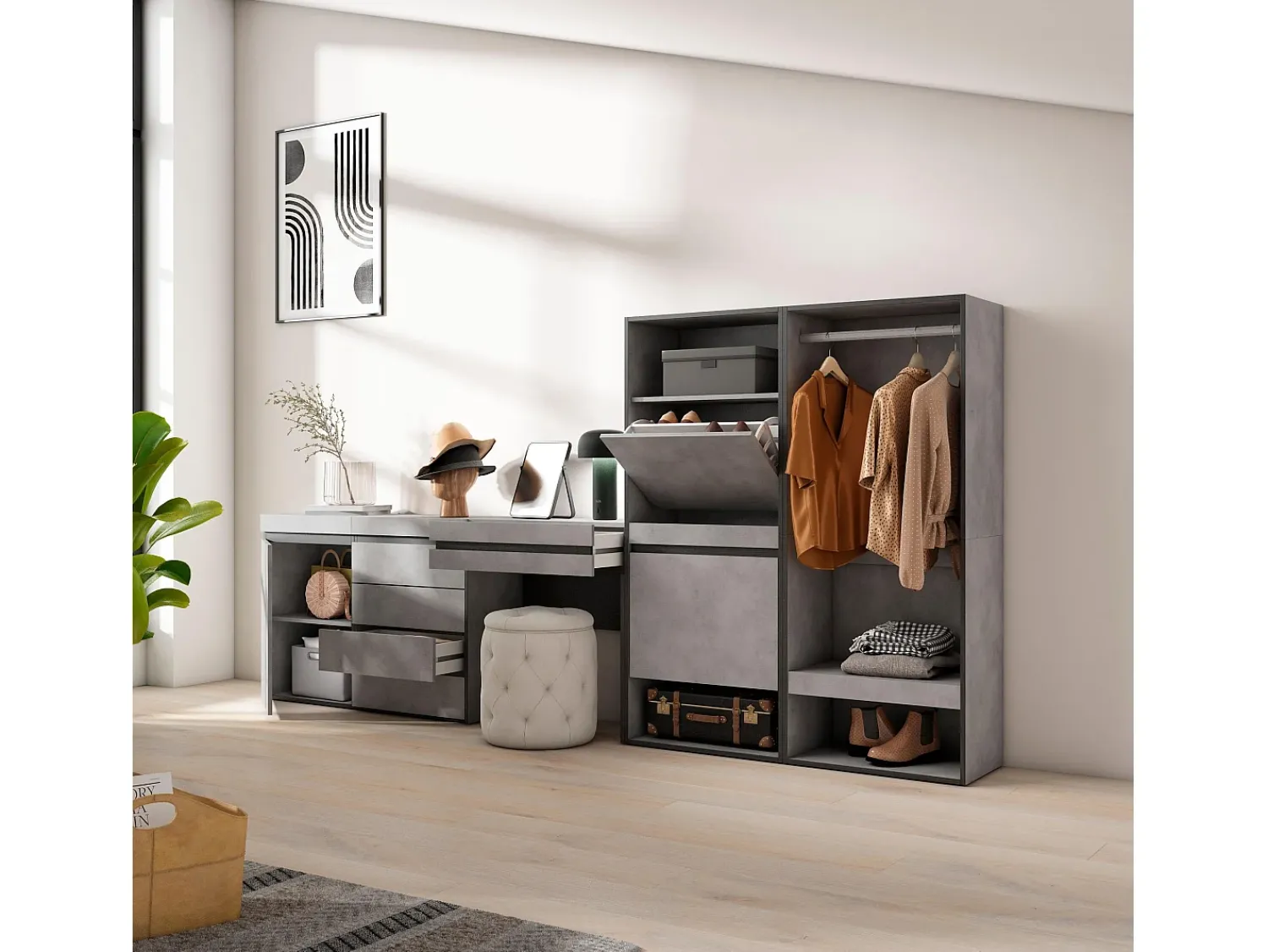 Skraut Home Sapateira, 297x35x145cm, Para quarto, dormitório, Roupeiro aberto, Cómoda, Toucador, Cimento^ Móvel De Arrumação|Sapateira