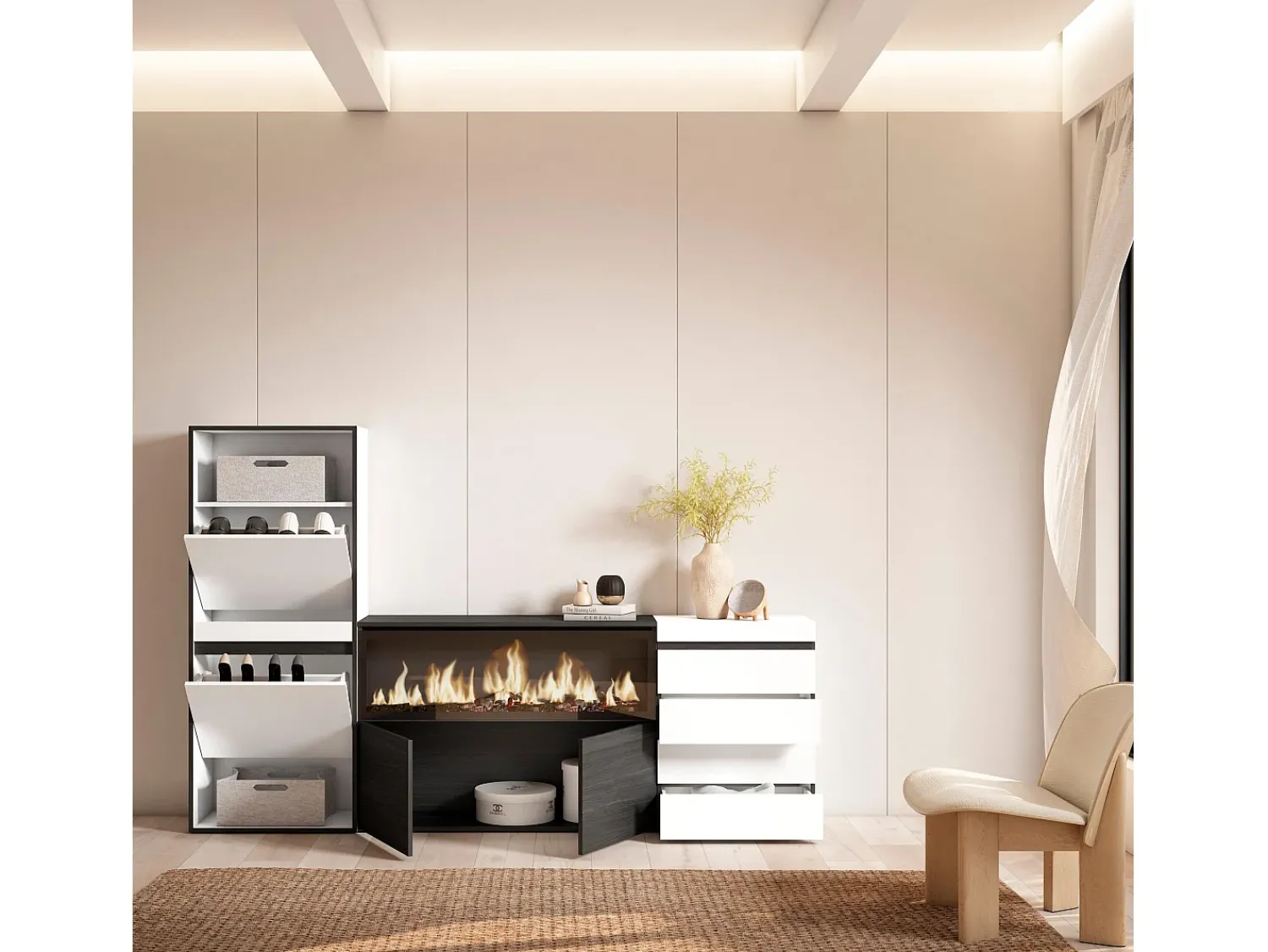 Móvel De Arrumação|Sapateira|Skraut Home Sapateira, 224x35x145cm, Para quarto, dormitório, Lareira eléctrica XXL, Cómoda, Branco