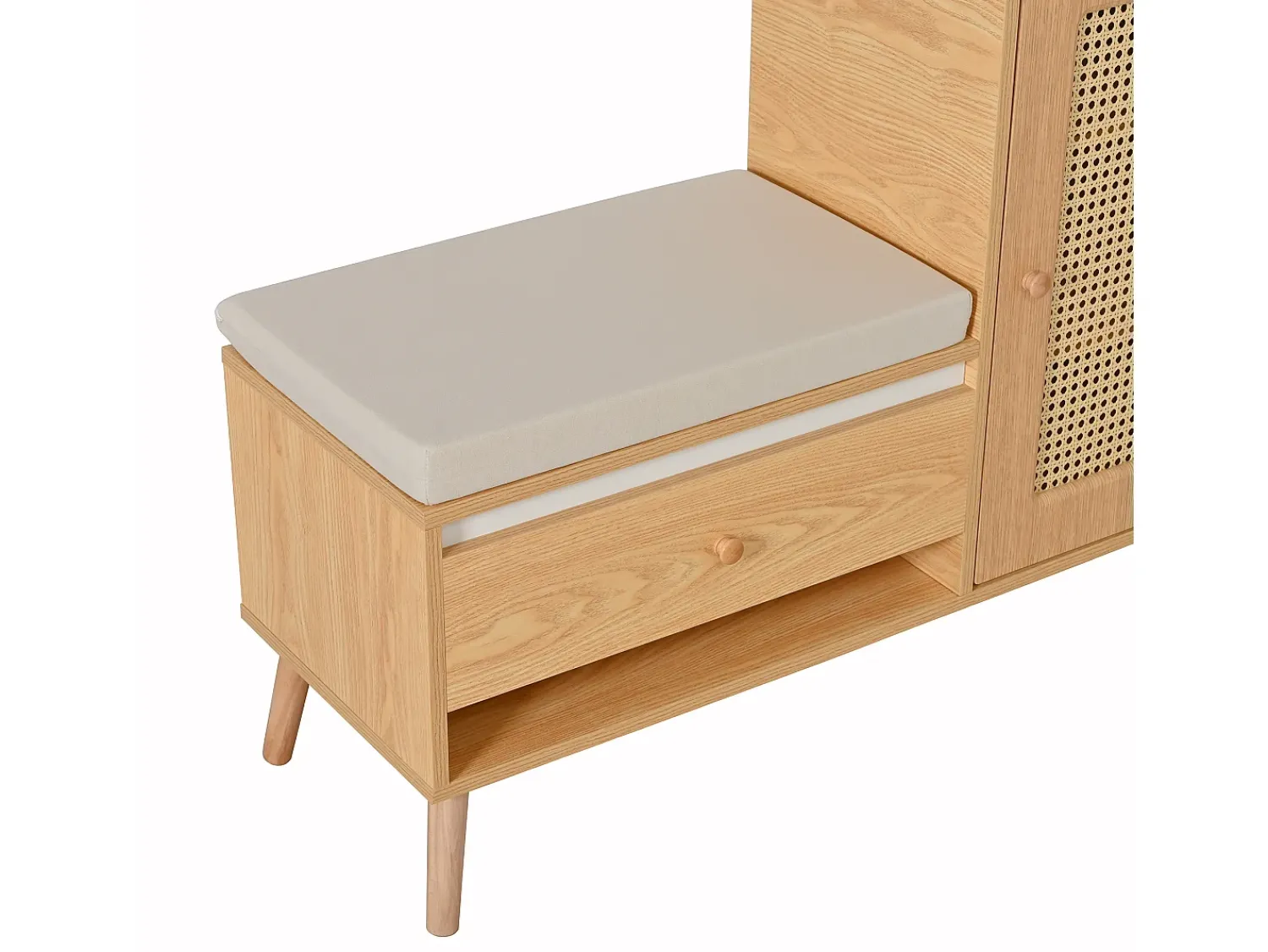 ModernLuxe Sapateiro de rattan - Banco de entrada - Com almofada - 1 gaveta e 1 porta de rattan - Natural^ Móvel De Arrumação|Sapateira