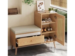 ModernLuxe Sapateiro de rattan - Banco de entrada - Com almofada - 1 gaveta e 1 porta de rattan - Natural^ Móvel De Arrumação|Sapateira