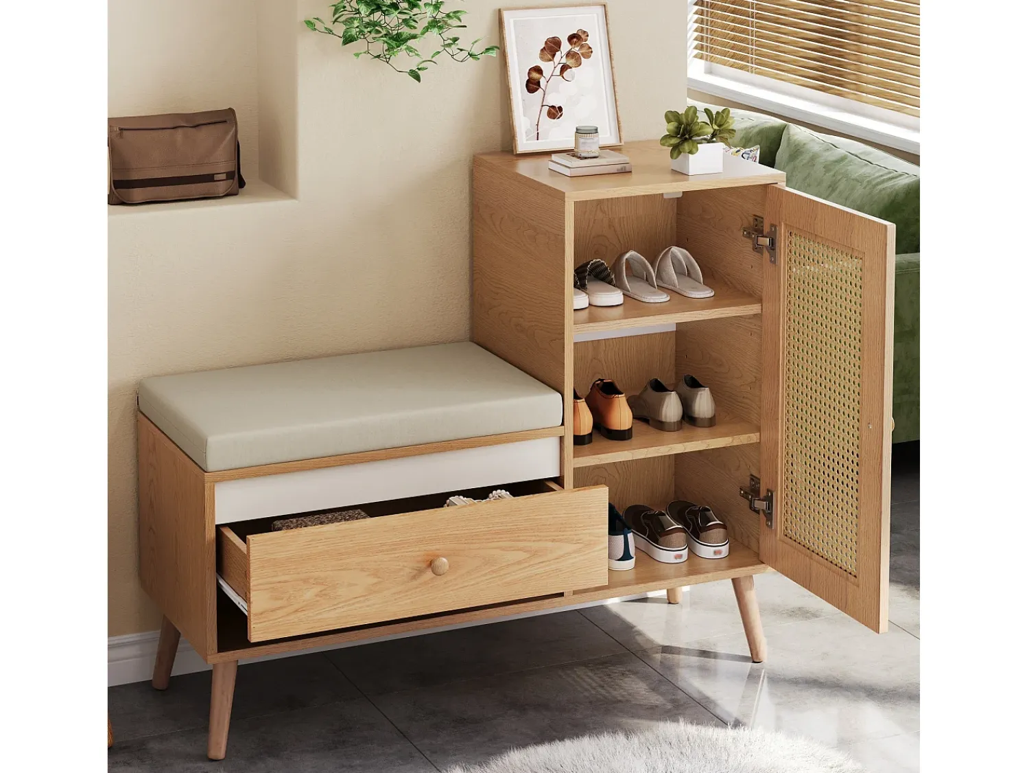 ModernLuxe Sapateiro de rattan - Banco de entrada - Com almofada - 1 gaveta e 1 porta de rattan - Natural^ Móvel De Arrumação|Sapateira