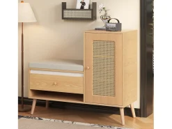ModernLuxe Sapateiro de rattan - Banco de entrada - Com almofada - 1 gaveta e 1 porta de rattan - Natural^ Móvel De Arrumação|Sapateira
