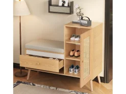 ModernLuxe Sapateiro de rattan - Banco de entrada - Com almofada - 1 gaveta e 1 porta de rattan - Natural^ Móvel De Arrumação|Sapateira