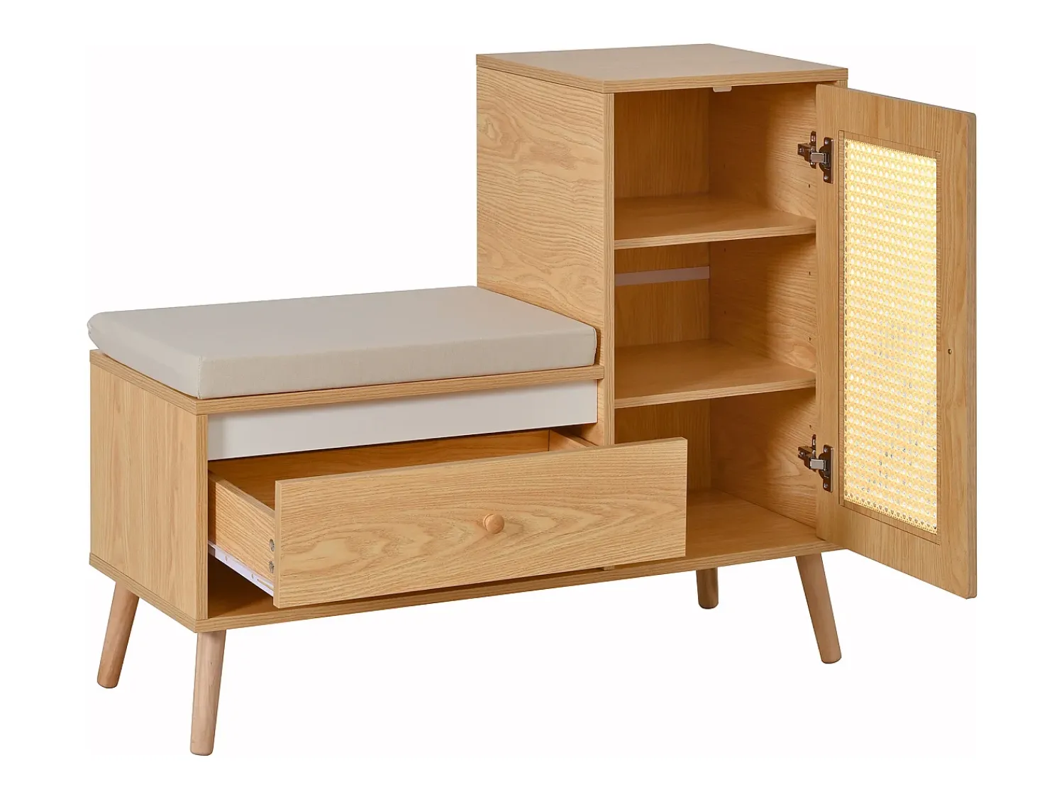 ModernLuxe Sapateiro de rattan - Banco de entrada - Com almofada - 1 gaveta e 1 porta de rattan - Natural^ Móvel De Arrumação|Sapateira