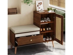 Móvel De Arrumação|Sapateira|ModernLuxe Sapateiro de rattan - Banco de entrada - Com almofada - 1 gaveta e 1 porta de rattan - Marrom Castanho