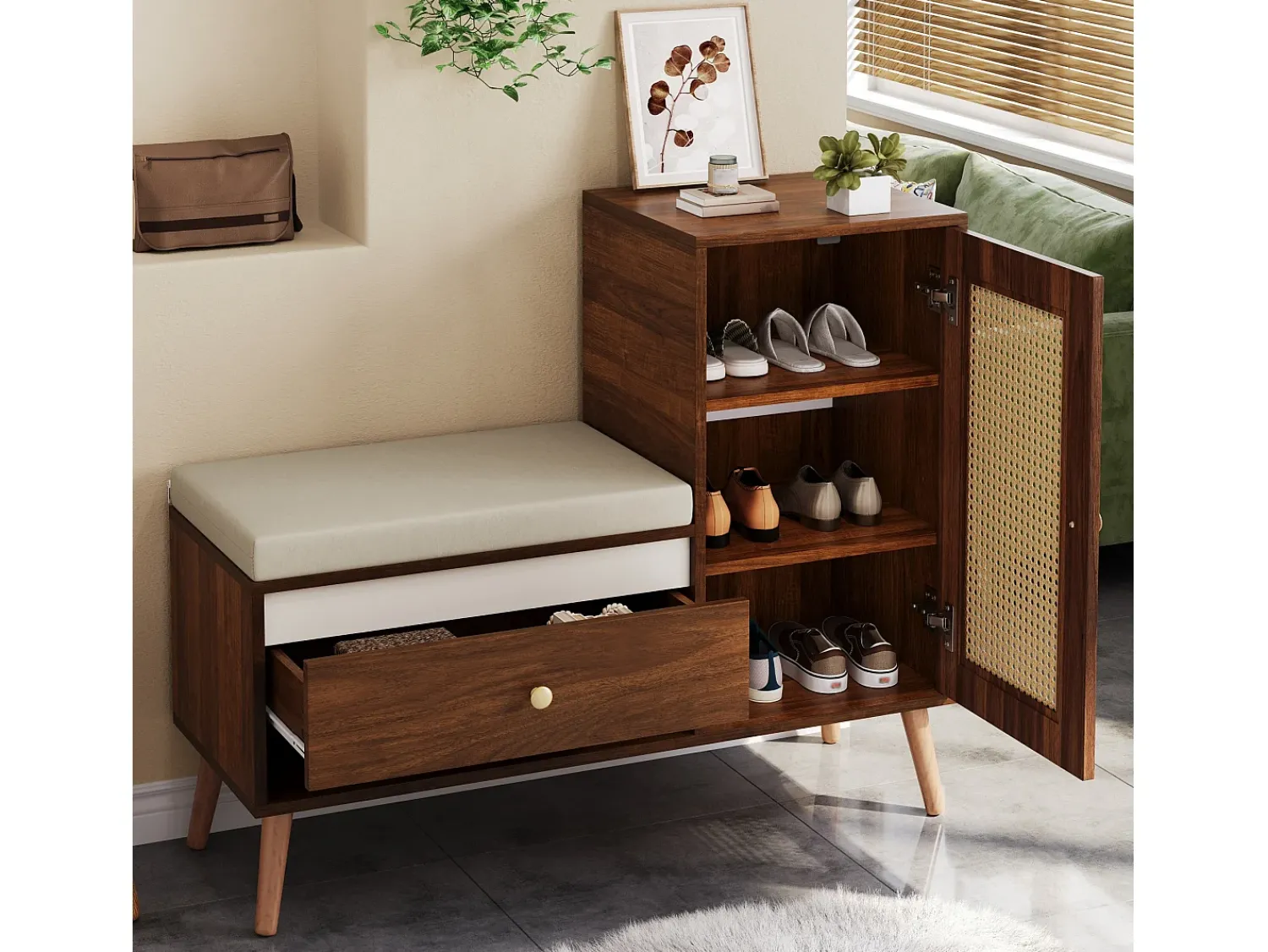 Móvel De Arrumação|Sapateira|ModernLuxe Sapateiro de rattan - Banco de entrada - Com almofada - 1 gaveta e 1 porta de rattan - Marrom Castanho