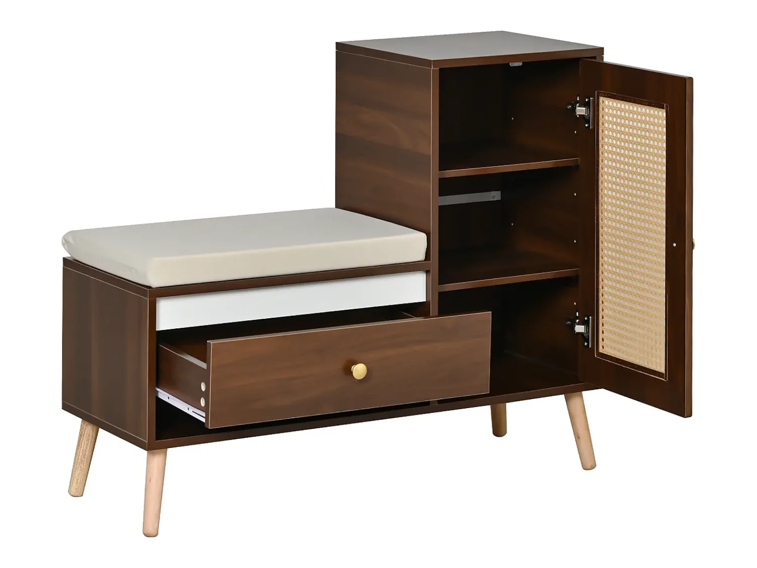Móvel De Arrumação|Sapateira|ModernLuxe Sapateiro de rattan - Banco de entrada - Com almofada - 1 gaveta e 1 porta de rattan - Marrom Castanho