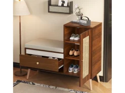 Móvel De Arrumação|Sapateira|ModernLuxe Sapateiro de rattan - Banco de entrada - Com almofada - 1 gaveta e 1 porta de rattan - Marrom Castanho