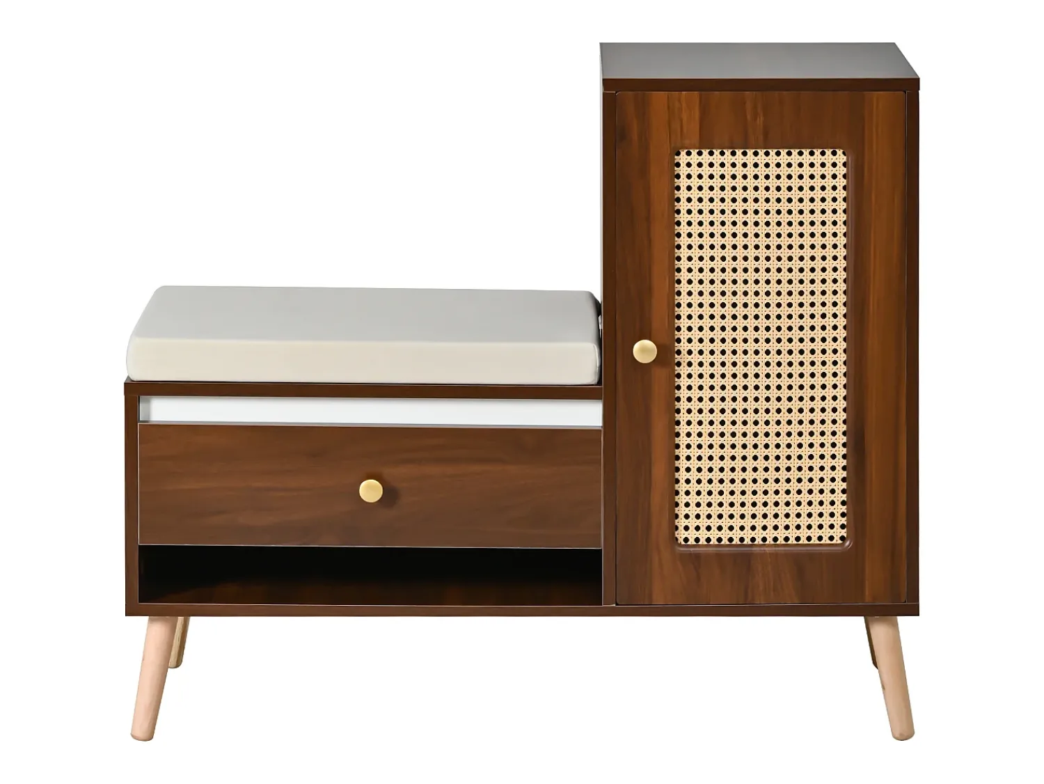 Móvel De Arrumação|Sapateira|ModernLuxe Sapateiro de rattan - Banco de entrada - Com almofada - 1 gaveta e 1 porta de rattan - Marrom Castanho