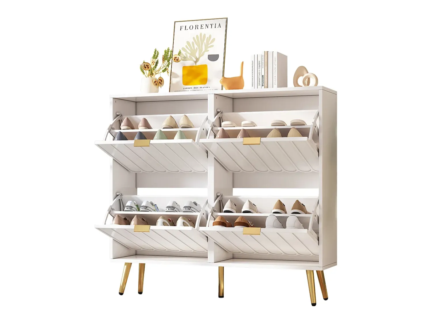 Móvel De Arrumação|Sapateira*ModernLuxe Sapateiro 100x24x91,25cm - con 4 portas de abrir - prateleira de 8 níveis - puxador de metal - Branco