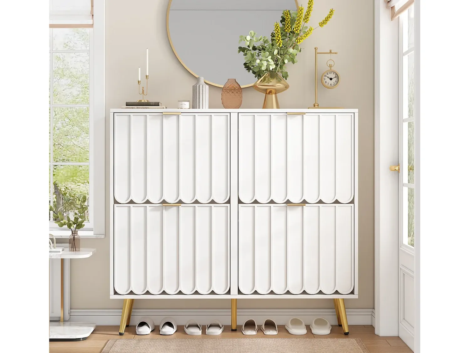 Móvel De Arrumação|Sapateira*ModernLuxe Sapateiro 100x24x91,25cm - con 4 portas de abrir - prateleira de 8 níveis - puxador de metal - Branco