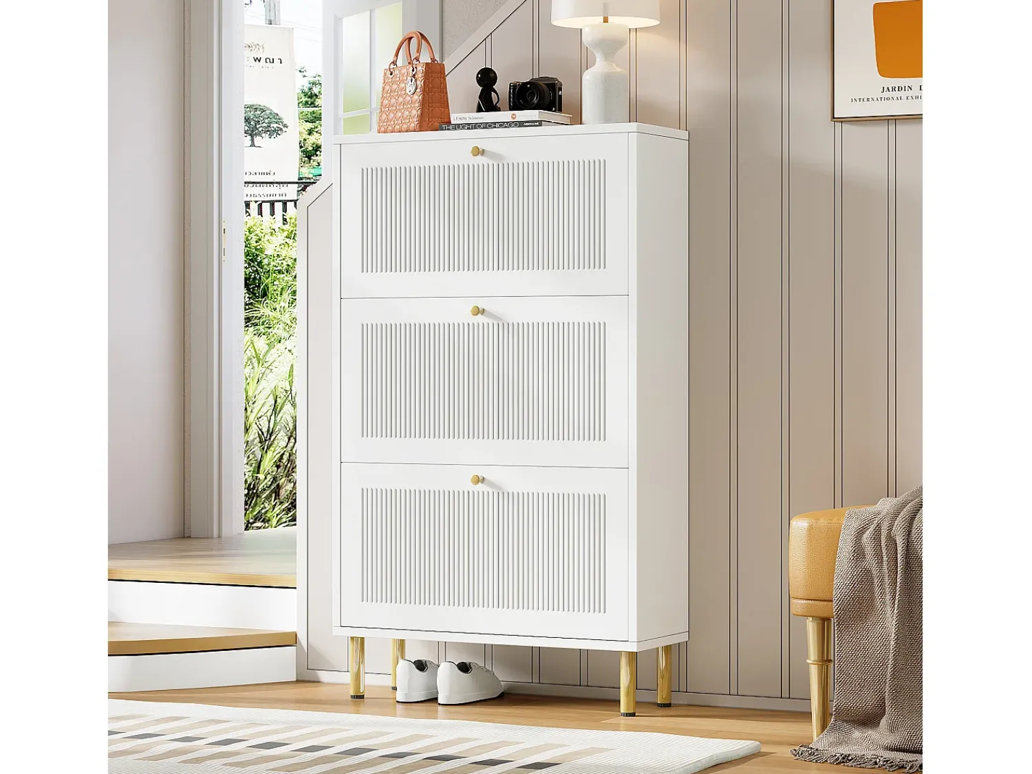 Online ModernLuxe Sapateiro 73x25x125cm - con 3 portas de abrir - prateleira de 6 níveis - Branco