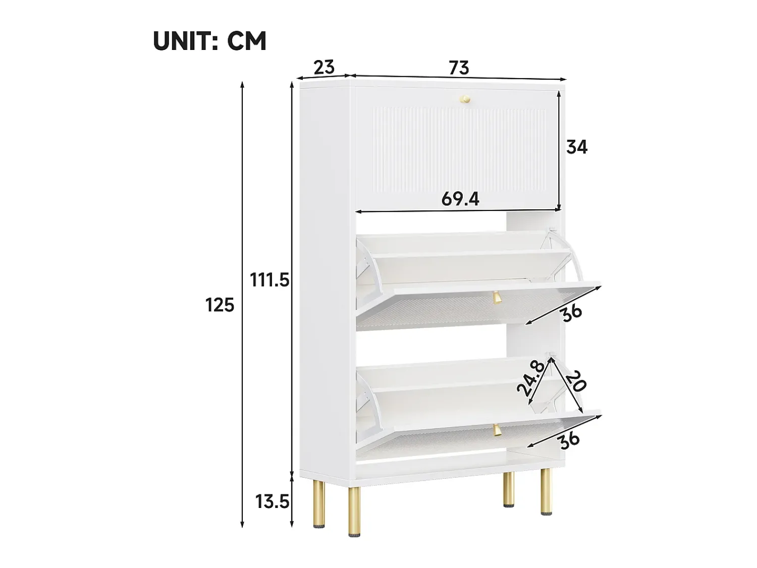 Online ModernLuxe Sapateiro 73x25x125cm - con 3 portas de abrir - prateleira de 6 níveis - Branco