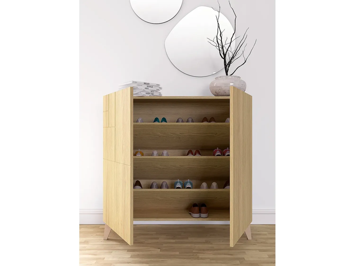 Herdasa Sapateiro/Móvel organização - H87cm x L90cm x P27cm chêne dore – Bergen^ Móvel De Arrumação|Sapateira