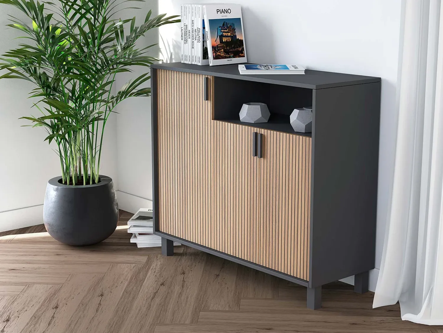 Sale Herdasa Sapateiro/Móvel organização - H86cm x L100cm x P37cm cinza grafite portas impression serrado - Gotemburgo Cinzento