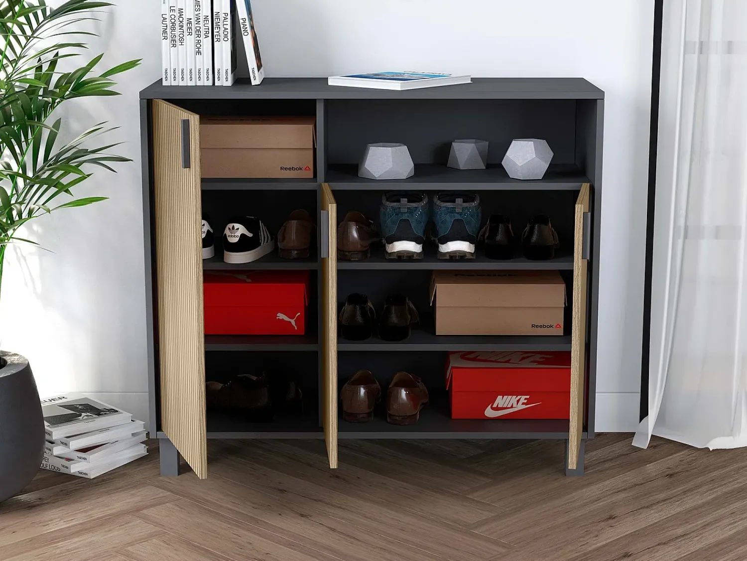 Sale Herdasa Sapateiro/Móvel organização - H86cm x L100cm x P37cm cinza grafite portas impression serrado - Gotemburgo Cinzento