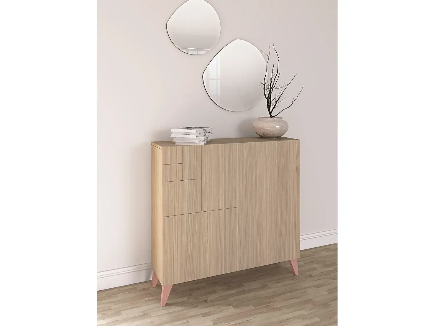 Outlet Herdasa Sapateiro/Móvel organização - H87cm x L90cm x P27cm nogueira clara pernas rose - Bergen Rosa