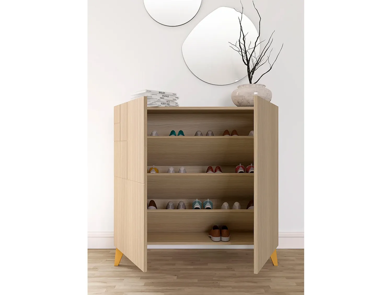 Herdasa Sapateiro/Móvel organização - H87cm x L90cm x P27cm nogueira clara pernas mostarda - Bergen^ Móvel De Arrumação|Sapateira