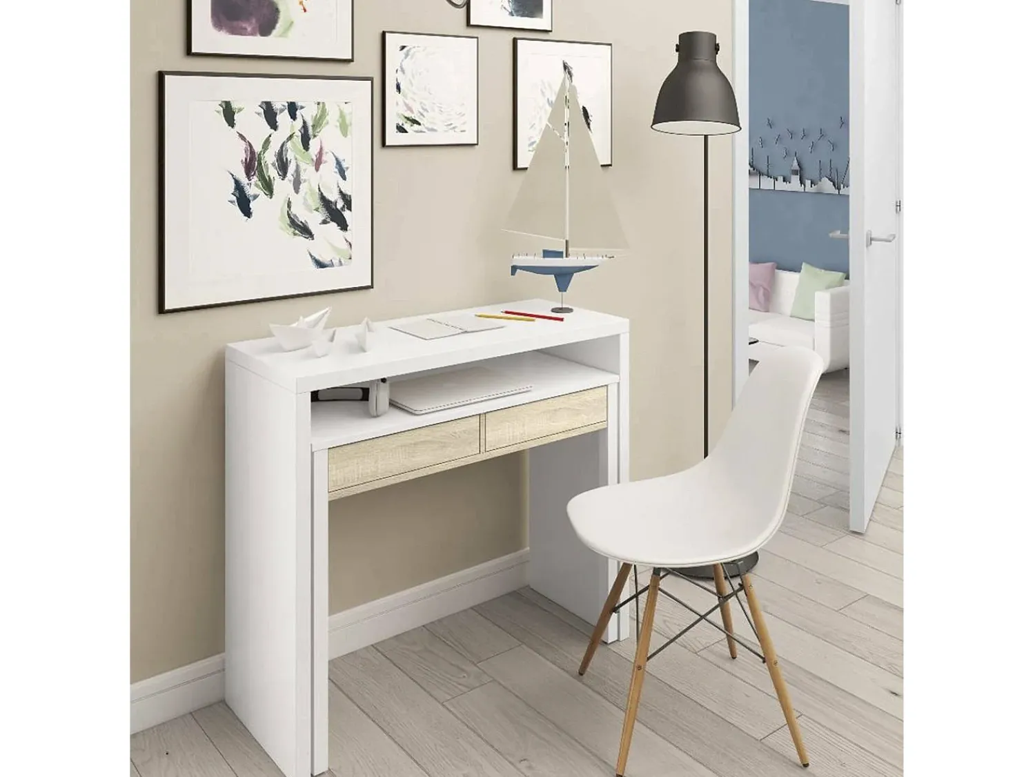 Dmora Secretária Billings, Secretária com tampo extensível, Secretária para PC com 2 gavetas, 99x36h88 cm, e Carvalho^ Consola