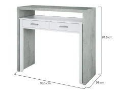 Consola*Dmora Secretária Billings, Secretária com tampo extensível, Secretária PC com 2 gavetas, 99x36h88 cm, Cimento e Branco Cinzento