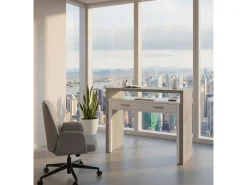 Consola*Dmora Secretária Billings, Secretária com tampo extensível, Secretária PC com 2 gavetas, 99x36h88 cm, Cimento e Branco Cinzento