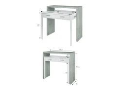 Consola*Dmora Secretária Billings, Secretária com tampo extensível, Secretária PC com 2 gavetas, 99x36h88 cm, Cimento e Branco Cinzento