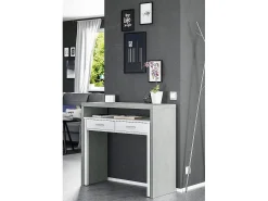 Consola*Dmora Secretária Billings, Secretária com tampo extensível, Secretária PC com 2 gavetas, 99x36h88 cm, Cimento e Branco Cinzento
