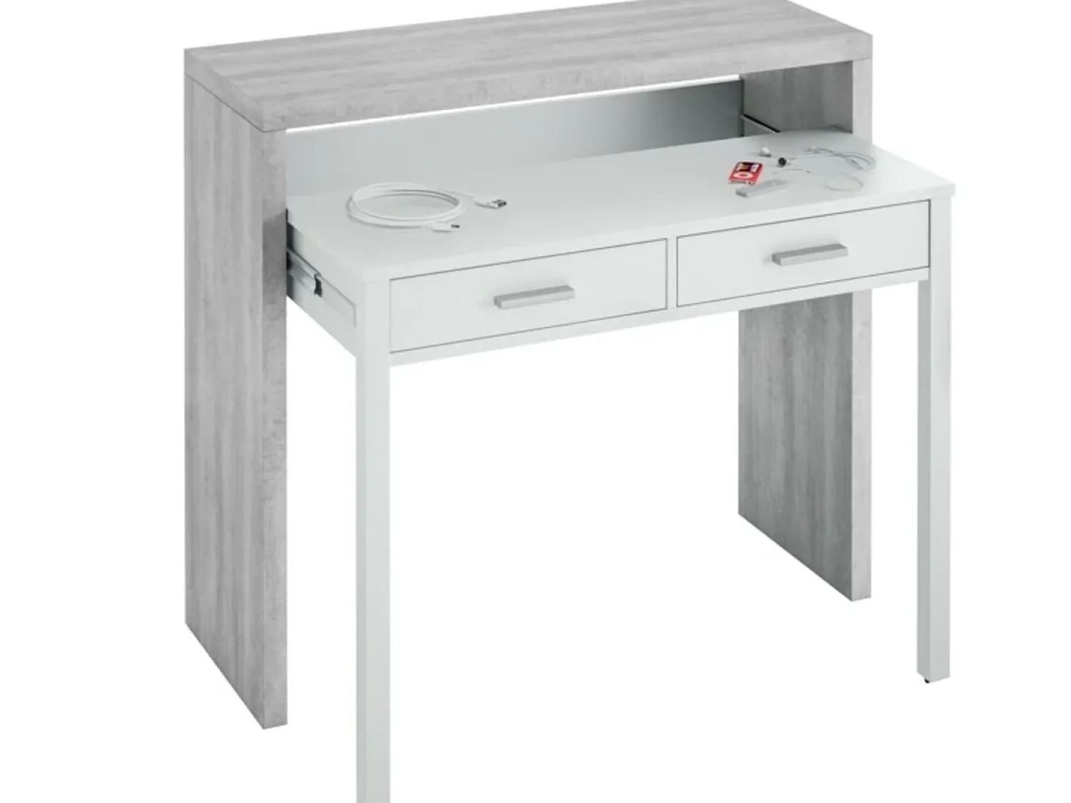 Consola|Loungitude Secretária consola extensível com 2 gavetas 100 cm /Cinza - Móvel multifuncional para espaços pequenos Branco