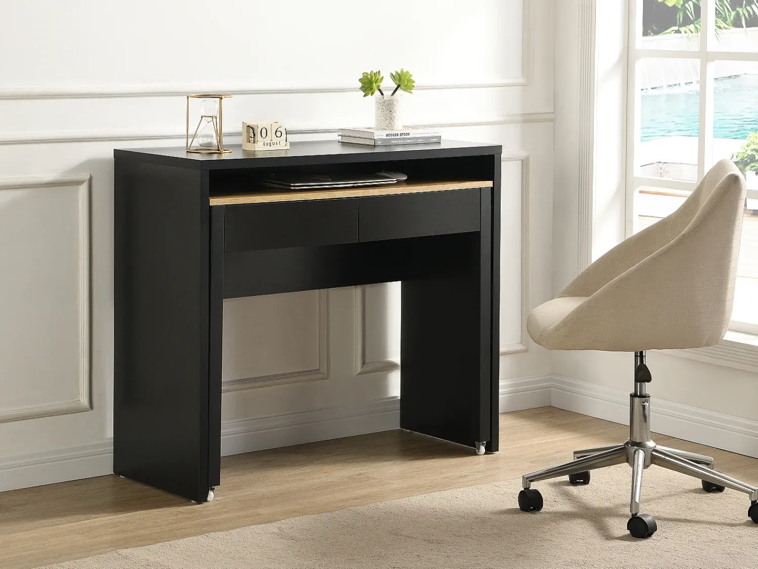 Consola*Vente-unique Secretária consola extensível com 2 gavetas preto e natural - LOAVIA Preto / Natural claro