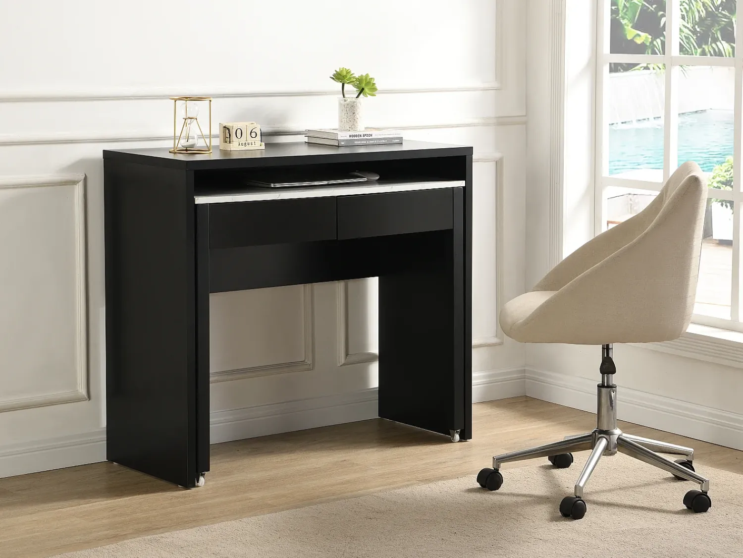 Vente-unique Secretária consola extensível com 2 gavetas preto e efeito mármore branco - LOAVIA^ Consola