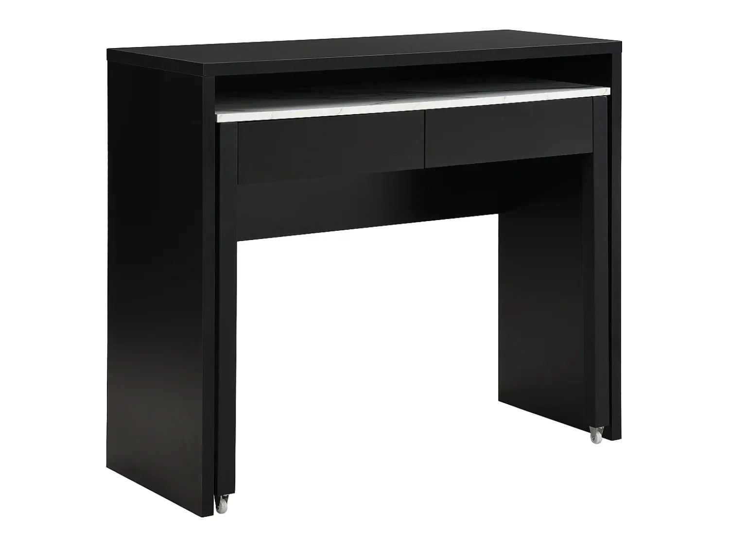 Vente-unique Secretária consola extensível com 2 gavetas preto e efeito mármore branco - LOAVIA^ Consola