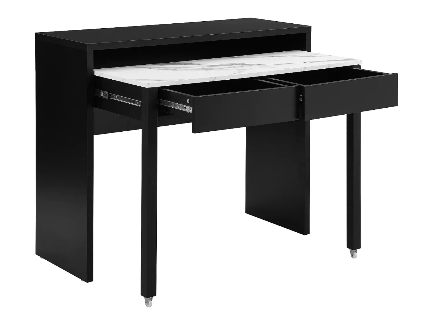 Vente-unique Secretária consola extensível com 2 gavetas preto e efeito mármore branco - LOAVIA^ Consola