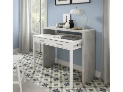 Dmora Secretária Damodi, Secretária com tampo extensível, Secretária PC com 2 gavetas, 99x36h88 cm, Cimento e Branco Cinzento