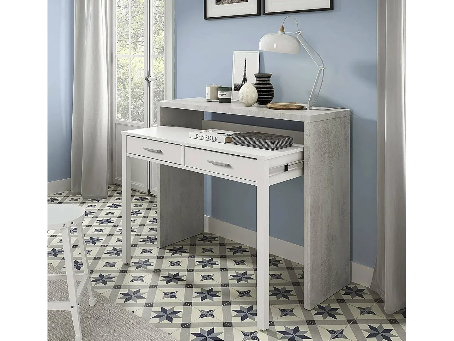 Dmora Secretária Damodi, Secretária com tampo extensível, Secretária PC com 2 gavetas, 99x36h88 cm, Cimento e Branco Cinzento