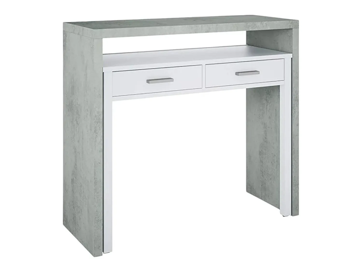 Dmora Secretária Damodi, Secretária com tampo extensível, Secretária PC com 2 gavetas, 99x36h88 cm, Cimento e Branco Cinzento