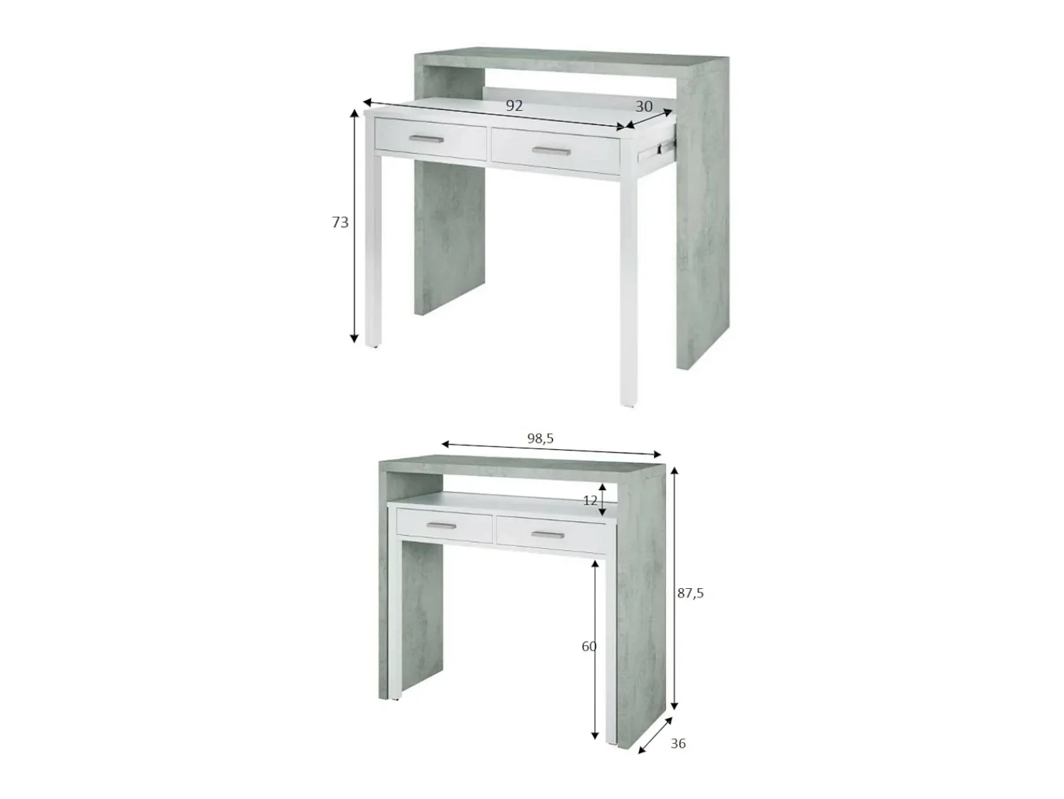 Dmora Secretária Damodi, Secretária com tampo extensível, Secretária PC com 2 gavetas, 99x36h88 cm, Cimento e Branco Cinzento
