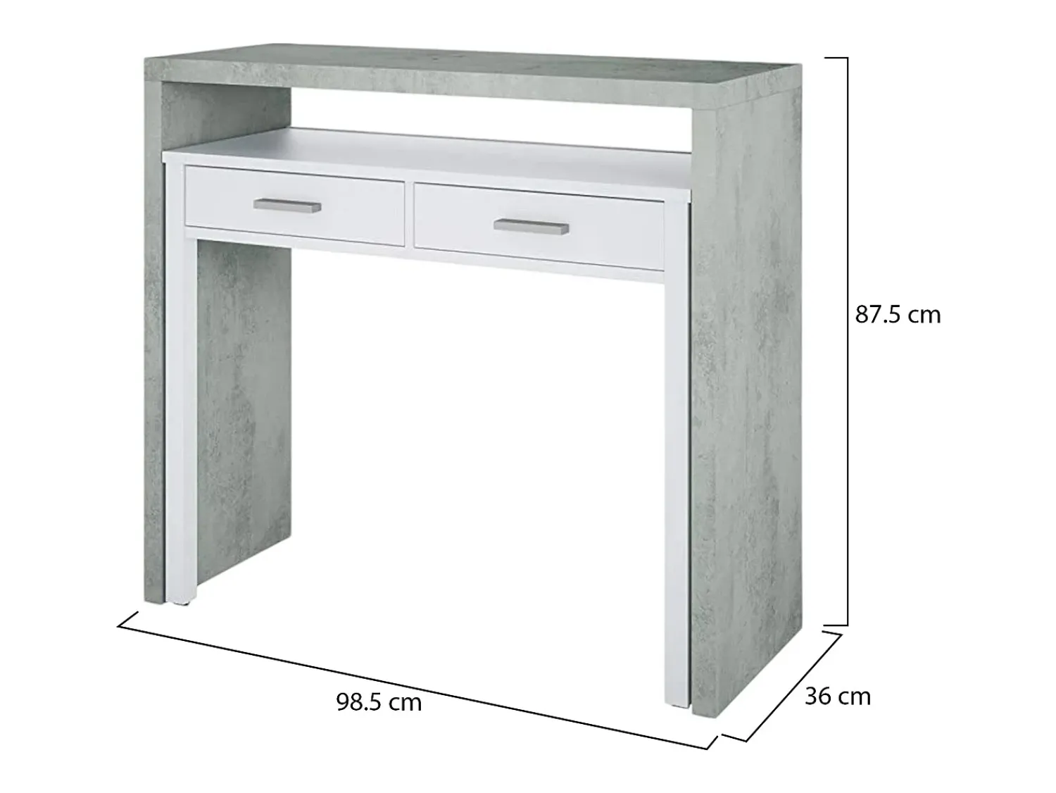 Dmora Secretária Damodi, Secretária com tampo extensível, Secretária PC com 2 gavetas, 99x36h88 cm, Cimento e Branco Cinzento