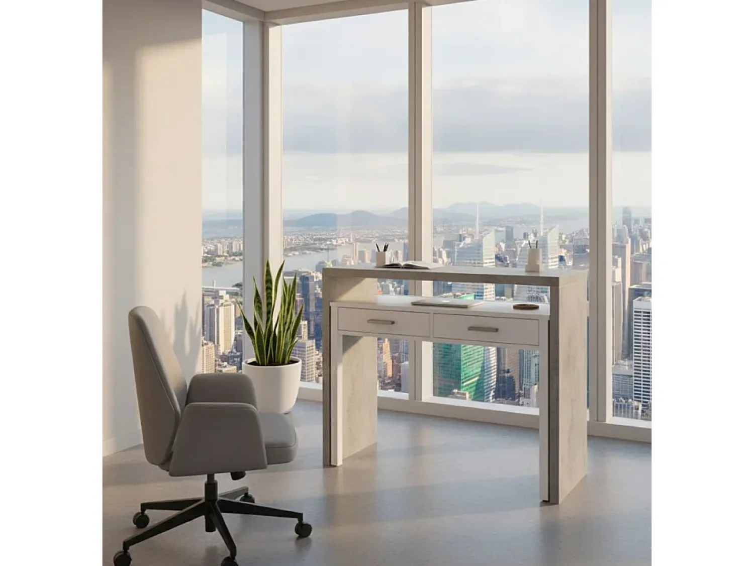 Dmora Secretária Damodi, Secretária com tampo extensível, Secretária PC com 2 gavetas, 99x36h88 cm, Cimento e Branco Cinzento