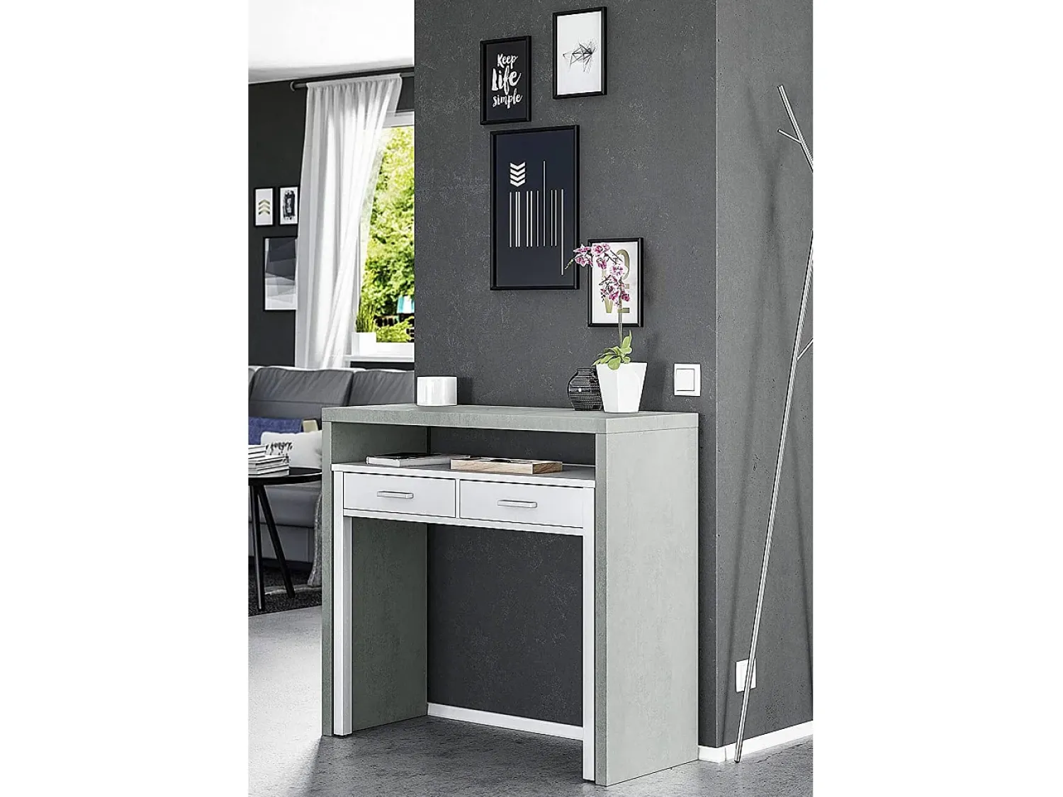 Dmora Secretária Damodi, Secretária com tampo extensível, Secretária PC com 2 gavetas, 99x36h88 cm, Cimento e Branco Cinzento